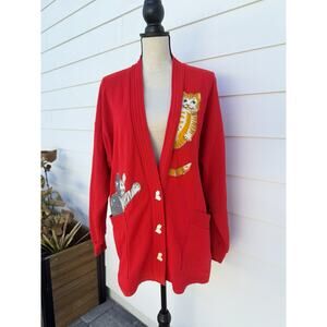 Vintage Linda Lori NY Women Large Cardigan Sweater Red Cat 80s 90s Cat Lady